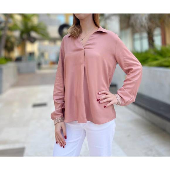 Airport Style Collared V Neck Apricot and White Striped Sweater